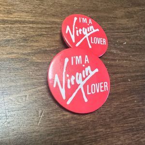 Vintage I'm a Virgin Lover Atlantic Airlines Button Pin back Souvenir Set